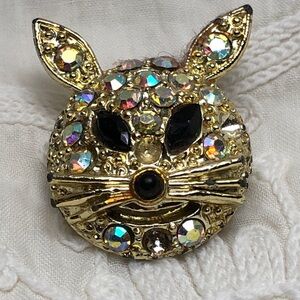 Gold-tone Cat Face Brooch with Aurora Borealis Rhinestones